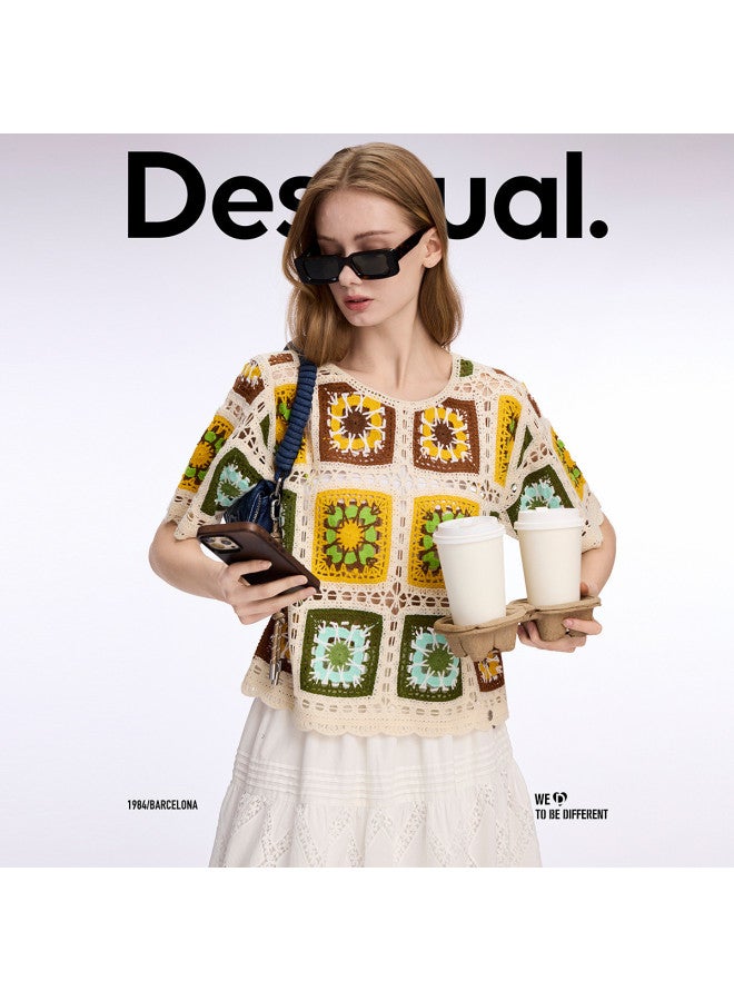 DESIGUAL loose Fit Colorful Crochet Short Sleeve Women's T-shirt - Image 4