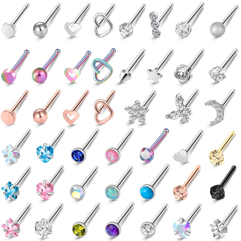 ONESING 44 Pcs 20G Nose Rings Studs for Women Nose Piercings Jewelry Surgical Stainless Steel Straight Nose Studs Moon Star Heart Butterfly Hypoallergenic Body Piercing Jewelry for Women Men - Image 1