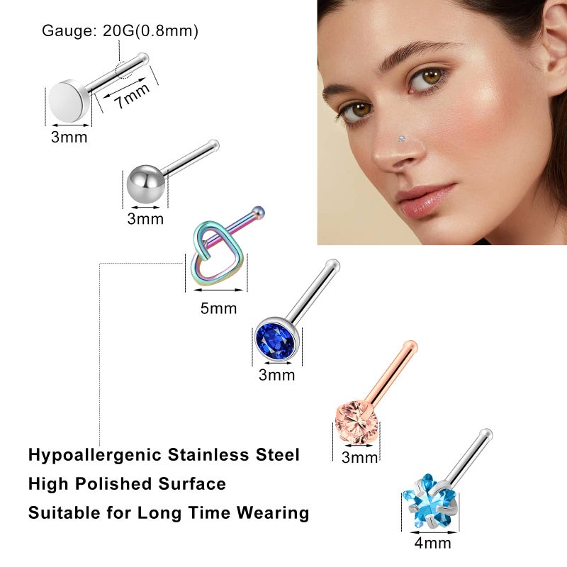 ONESING 44 Pcs 20G Nose Rings Studs for Women Nose Piercings Jewelry Surgical Stainless Steel Straight Nose Studs Moon Star Heart Butterfly Hypoallergenic Body Piercing Jewelry for Women Men - Image 2