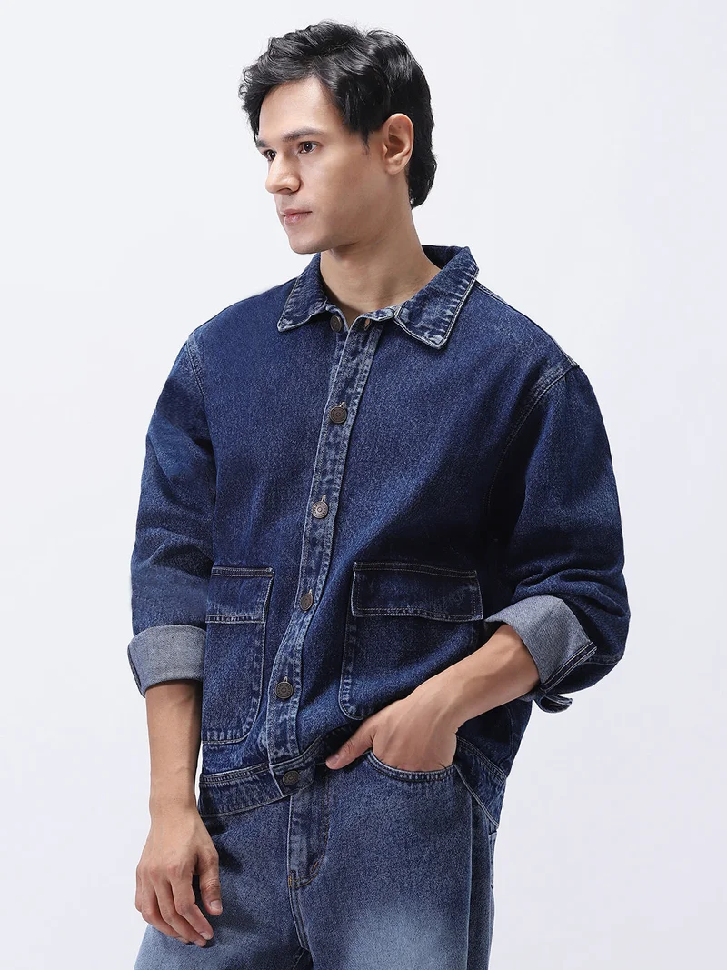 Urbano Fashion  Urbano Fashion Men's Blue Relaxed Fit Full Sleeve Utility Denim Jacket  | Best Price UAE