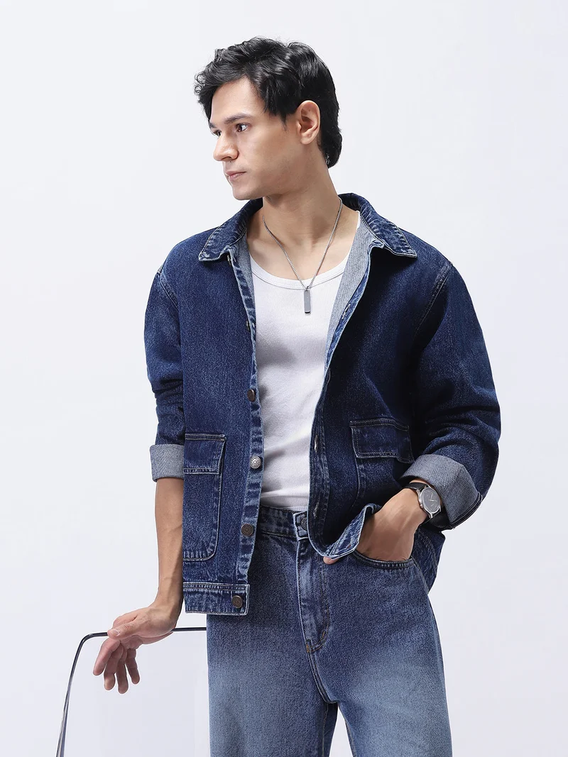 Urbano Fashion Men's Blue Relaxed Fit Full Sleeve Utility Denim Jacket