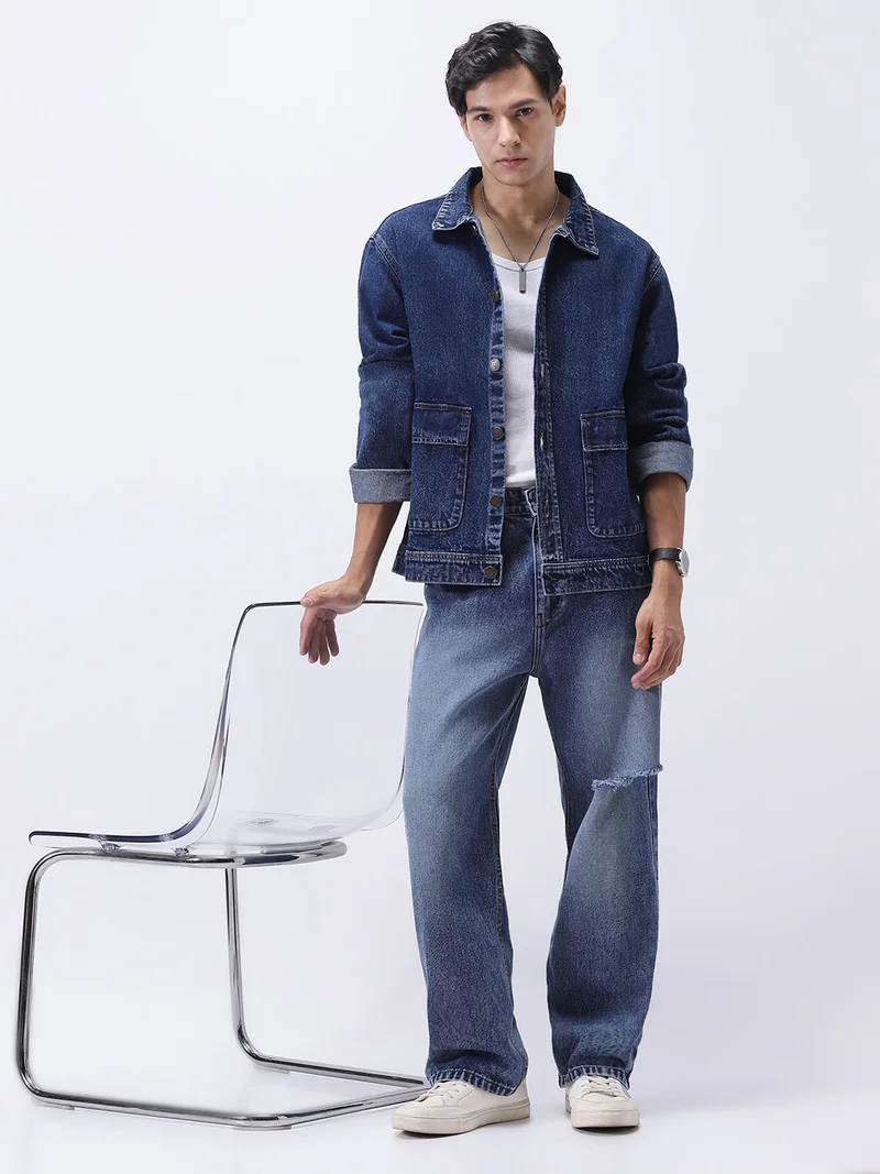 Urbano Fashion  Urbano Fashion Men's Blue Relaxed Fit Full Sleeve Utility Denim Jacket  | Best Price UAE