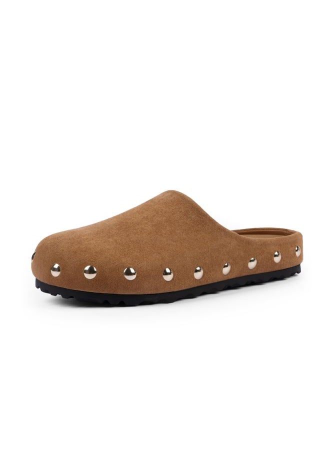 QIY Clogs for Women Slip on Faux Suede Studded Mules Comfortable Footbed Mule Potato Shoes for Women, Brown, 7.5 - Image 1