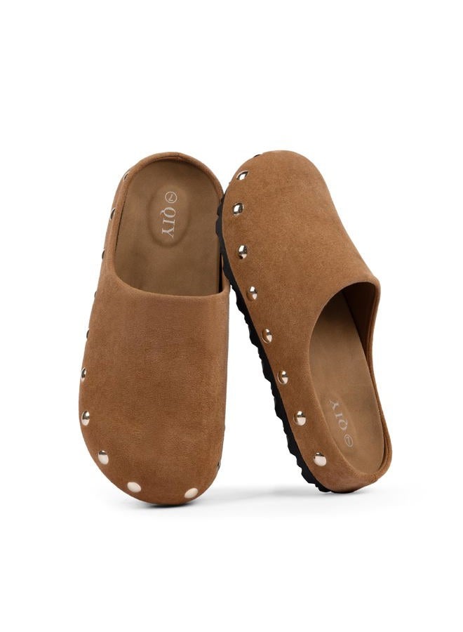 QIY Clogs for Women Slip on Faux Suede Studded Mules Comfortable Footbed Mule Potato Shoes for Women, Brown, 7.5 - Image 5