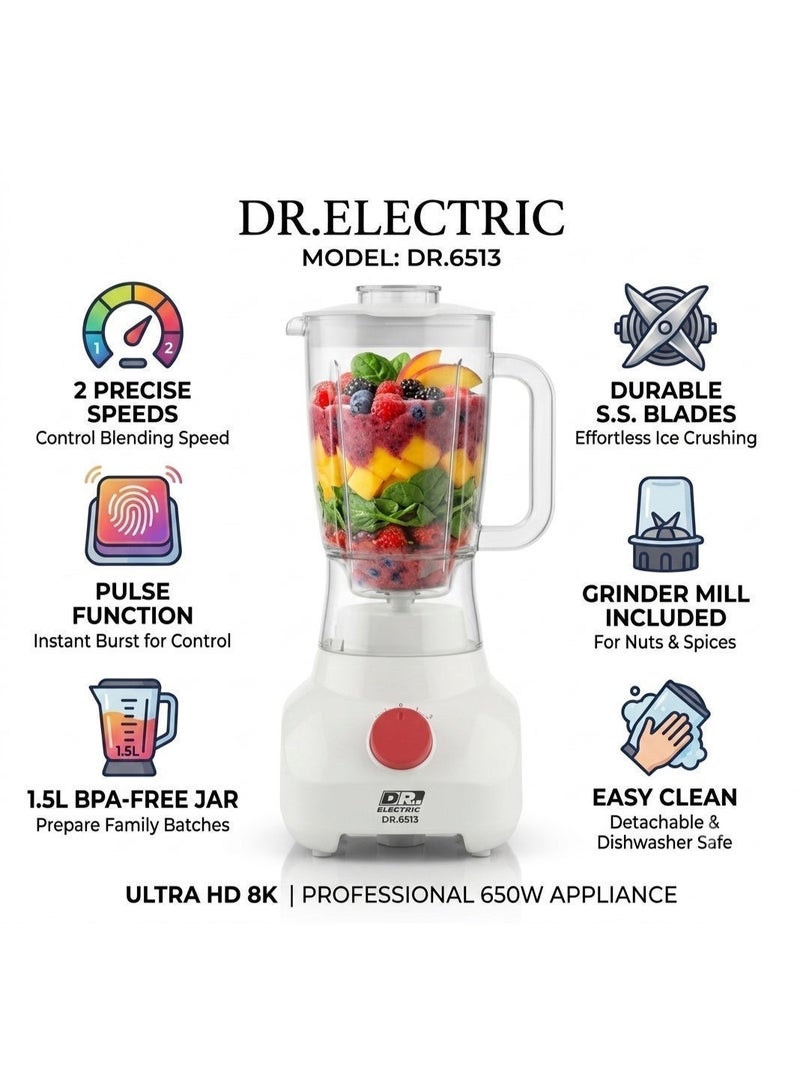 DR.ELECTRIC 2-in-1 Electric Blender with Grinder, 650W, 1.5L, Stainless Steel Blades, 2 Speeds, DR.6513, White - Image 3