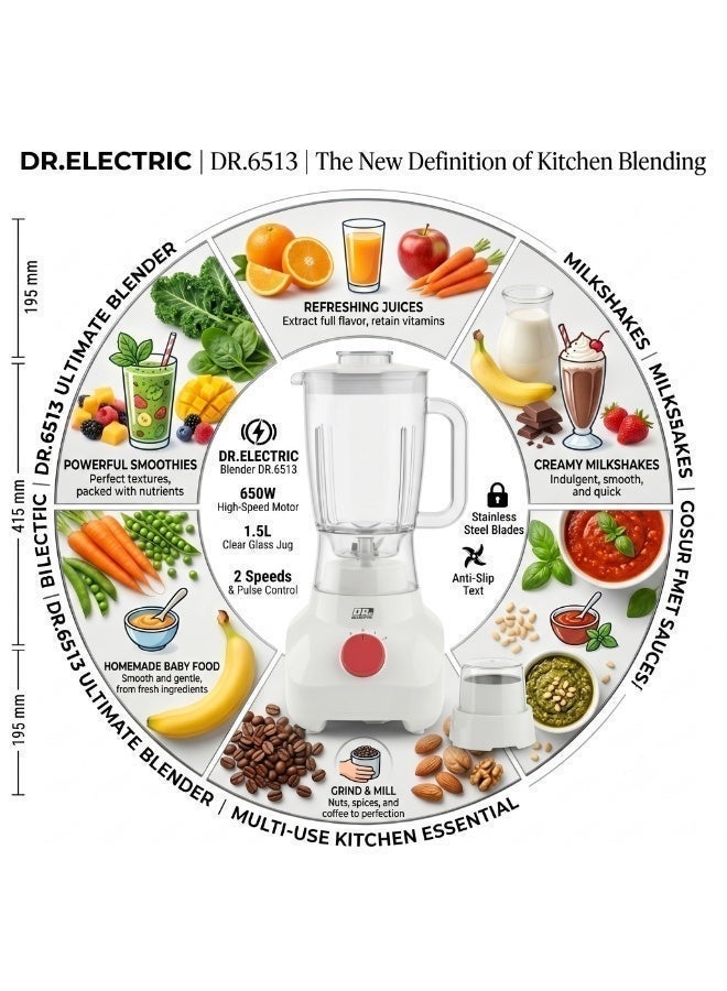 DR.ELECTRIC 2-in-1 Electric Blender with Grinder, 650W, 1.5L, Stainless Steel Blades, 2 Speeds, DR.6513, White - Image 4