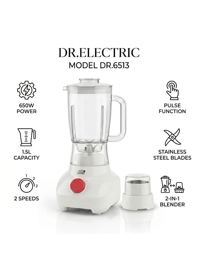 DR.ELECTRIC 2-in-1 Electric Blender with Grinder, 650W, 1.5L, Stainless Steel Blades, 2 Speeds, DR.6513, White - Image 1
