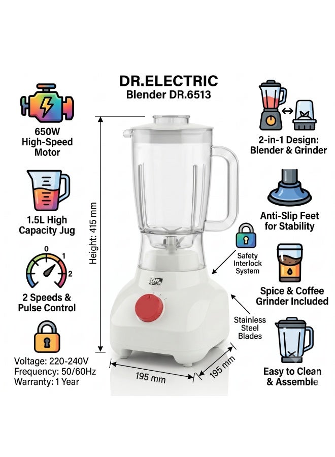DR.ELECTRIC 2-in-1 Electric Blender with Grinder, 650W, 1.5L, Stainless Steel Blades, 2 Speeds, DR.6513, White - Image 5