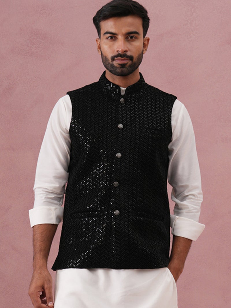 NOZ2TOZ Men's Black Velvet Sequin Work Nehru Jacket - Image 1