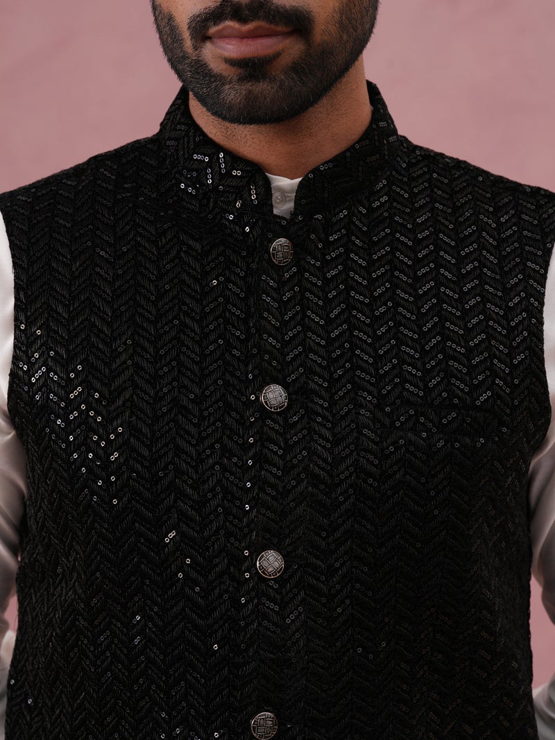 NOZ2TOZ Men's Black Velvet Sequin Work Nehru Jacket - Image 4