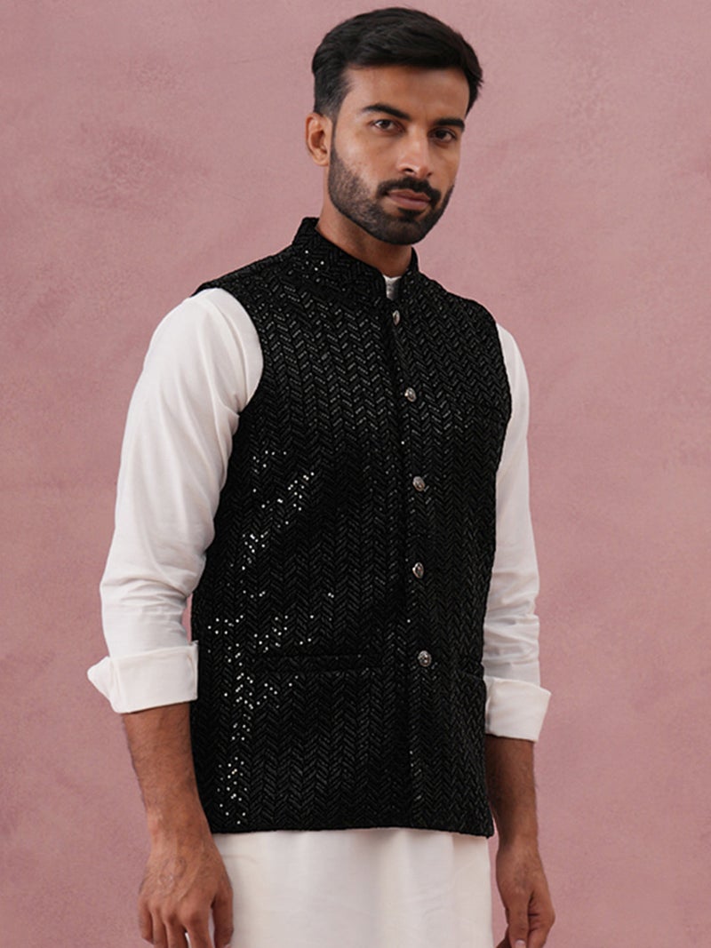 NOZ2TOZ Men's Black Velvet Sequin Work Nehru Jacket - Image 3