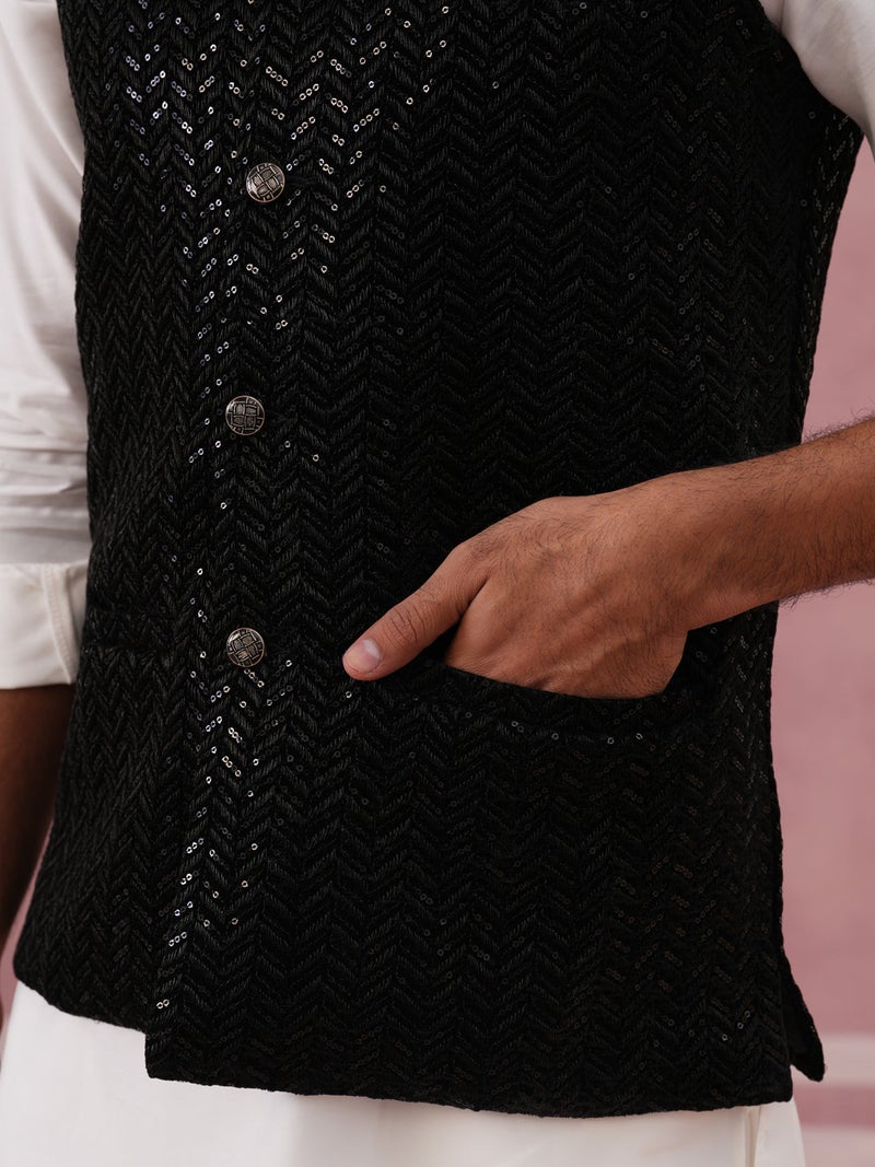 NOZ2TOZ Men's Black Velvet Sequin Work Nehru Jacket - Image 5