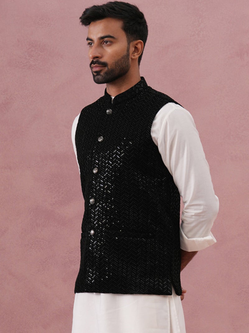 NOZ2TOZ Men's Black Velvet Sequin Work Nehru Jacket - Image 2