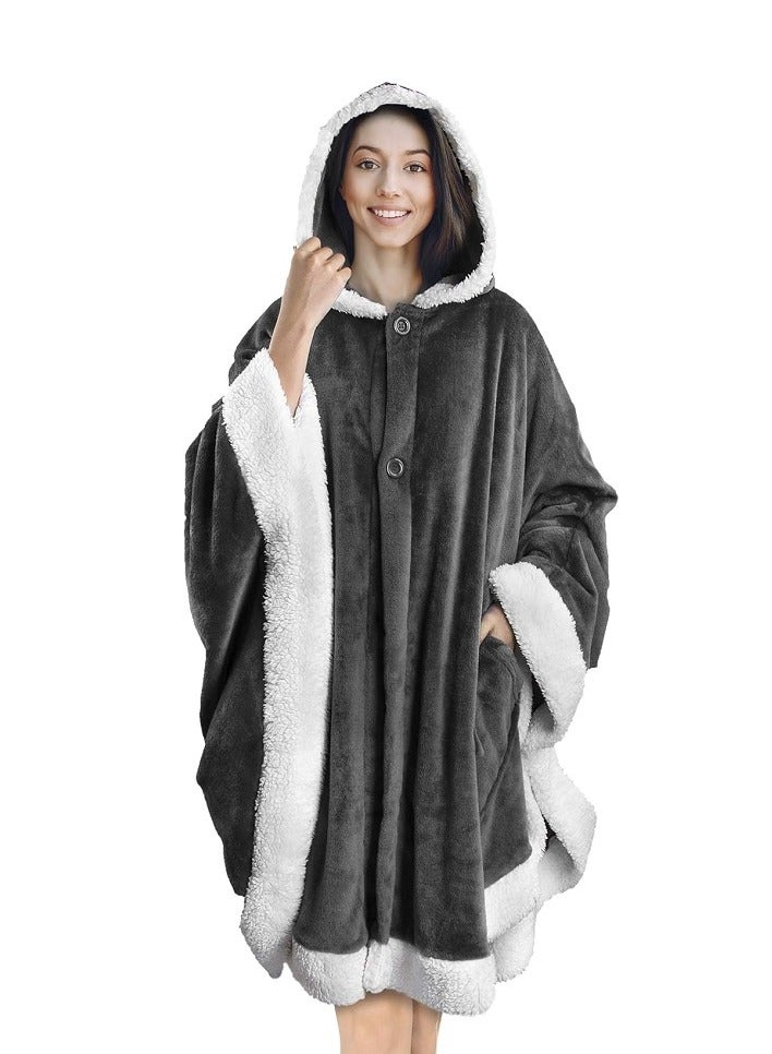 Women Winter Warm Button Down Plush Coat Free Size Hooded Throw Wrap Wearable