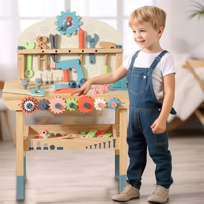 WOODEN CHILDREN'S TOOL TABLE TOY TOOL BOX CHILDREN'S WORKBENCH CHILDREN'S TOOL FROM 2 3 4 YEARS MONTESSORI TOY GIFT EDUCATIONAL GAMES TOOL CASE FOR CHILDREN (WOOD COLOUR) - Image 5