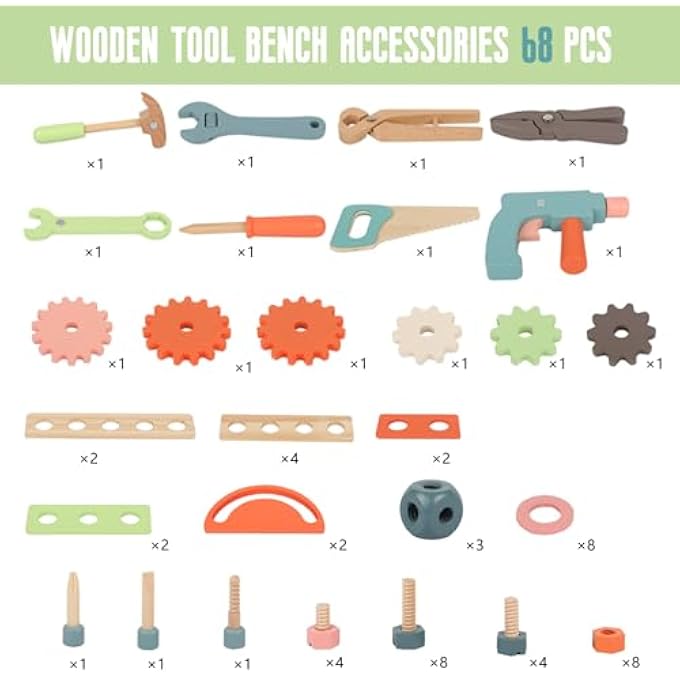 WOODEN CHILDREN'S TOOL TABLE TOY TOOL BOX CHILDREN'S WORKBENCH CHILDREN'S TOOL FROM 2 3 4 YEARS MONTESSORI TOY GIFT EDUCATIONAL GAMES TOOL CASE FOR CHILDREN (WOOD COLOUR) - Image 2