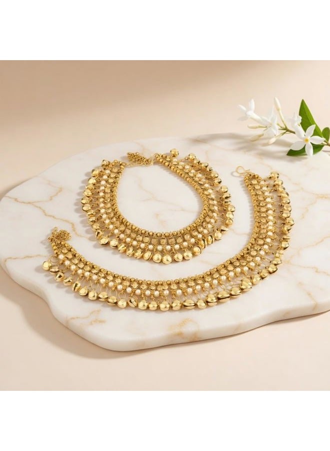 Efulgenz Indian Bridal Anklets for Women Ghungroo Anklets Bridal Jhanjara Anklet Indian Bollywood Anklet Faux Kundan Pearl Ankle Bracelets Set Bell Anklets for Women - Image 2