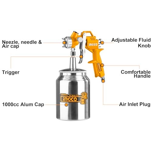 INGCO Air Spray Gun, 1000ml Capacity, 3-4 Bar Operating Pressure, 1.5mm Nozzles Stainless Steel, 200 l/min,Pneumatic Tool Suitable for Base Coat Spray Gun for Auto Paint - Image 2