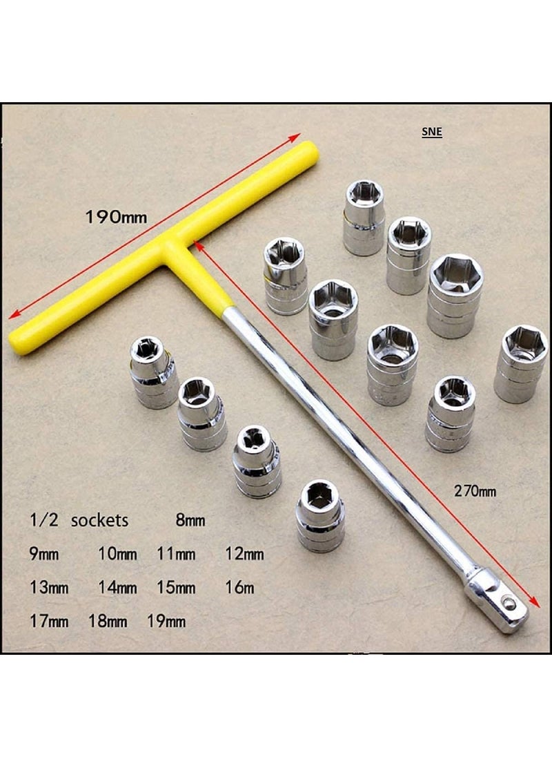 Inditrust - Inditrust new 14pcs Vehicle Car T Shaped Handle Wrench Spanner with 819mm 12 Socket Tool Set With 12 Ratchet Socket Wrench Free - Image 1
