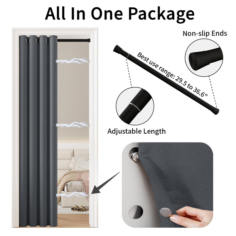 Vatge Magnetic Closet Curtain with Rod - W42 x L80, 1 Panel, Gray, Room Darkening Privacy Doorway Curtains for Open Bedroom, Temporary Door for Hallway - Image 2