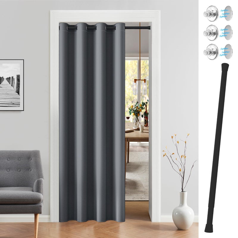 Vatge Magnetic Closet Curtain with Rod - W42 x L80, 1 Panel, Gray, Room Darkening Privacy Doorway Curtains for Open Bedroom, Temporary Door for Hallway - Image 1