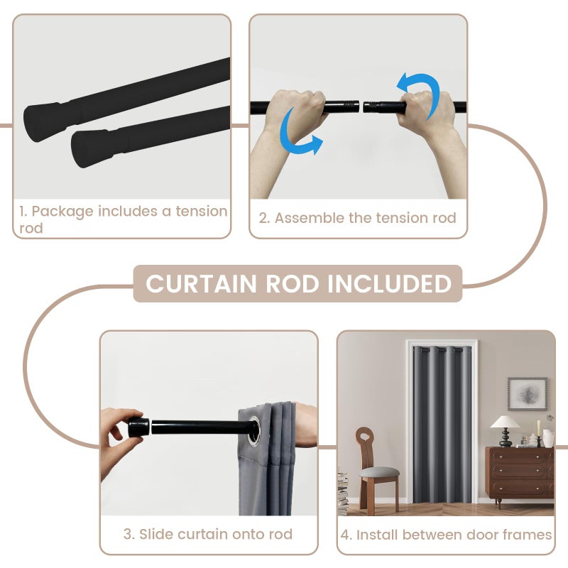 Vatge Magnetic Closet Curtain with Rod - W42 x L80, 1 Panel, Gray, Room Darkening Privacy Doorway Curtains for Open Bedroom, Temporary Door for Hallway - Image 3