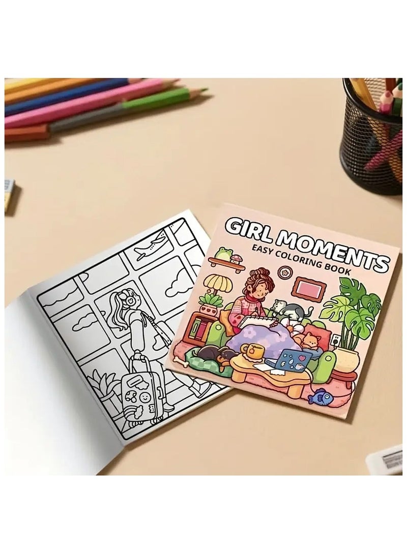 Girl Moments" Coloring Book - 52 Pages for Adults & Teens – Cute & Cozy Daily Relaxation Activity with Whimsical Illustrations of Girls Reading with Pets, Perfect for Stress Relief, Cozy Spaces & Holiday Gifting - Image 2