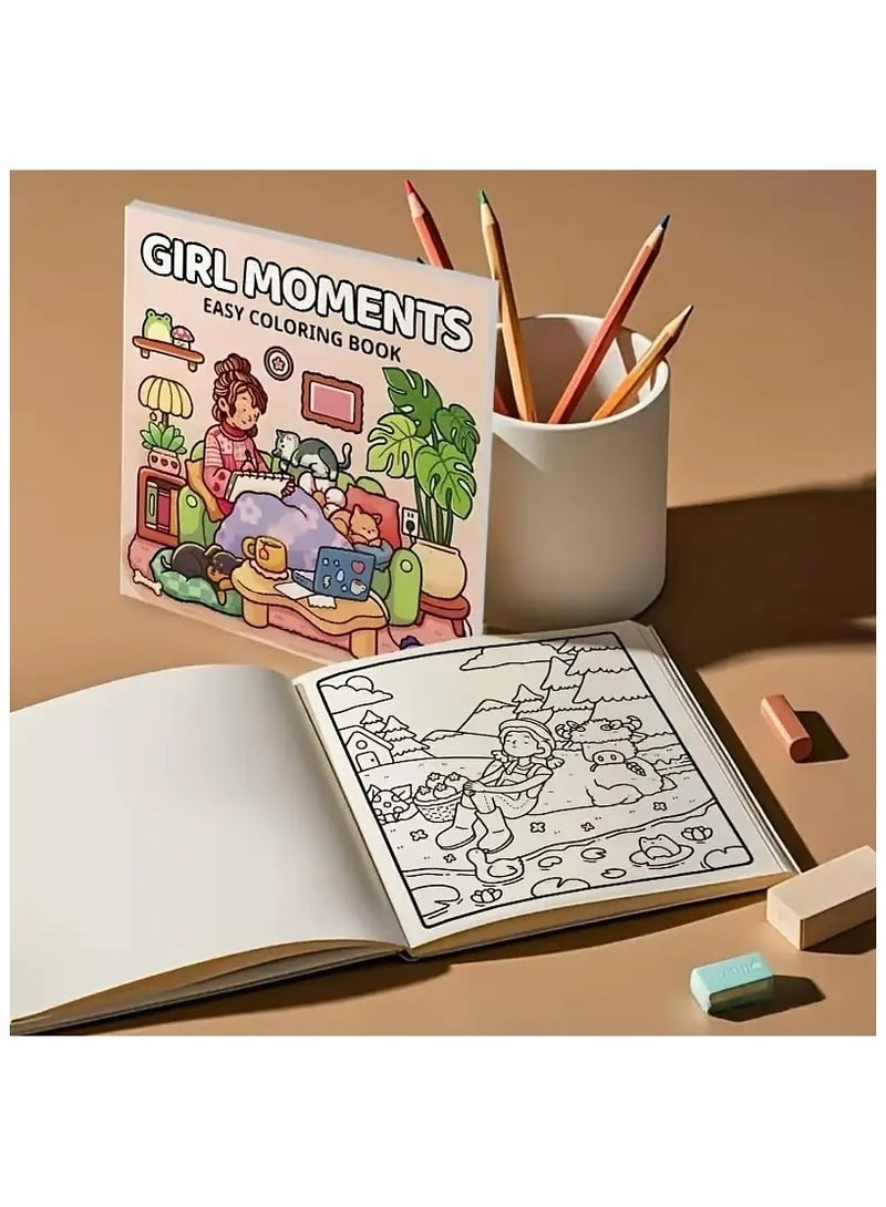 Girl Moments" Coloring Book - 52 Pages for Adults & Teens – Cute & Cozy Daily Relaxation Activity with Whimsical Illustrations of Girls Reading with Pets, Perfect for Stress Relief, Cozy Spaces & Holiday Gifting - Image 3