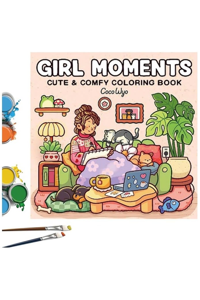 Girl Moments" Coloring Book - 52 Pages for Adults & Teens – Cute & Cozy Daily Relaxation Activity with Whimsical Illustrations of Girls Reading with Pets, Perfect for Stress Relief, Cozy Spaces & Holiday Gifting - Image 1