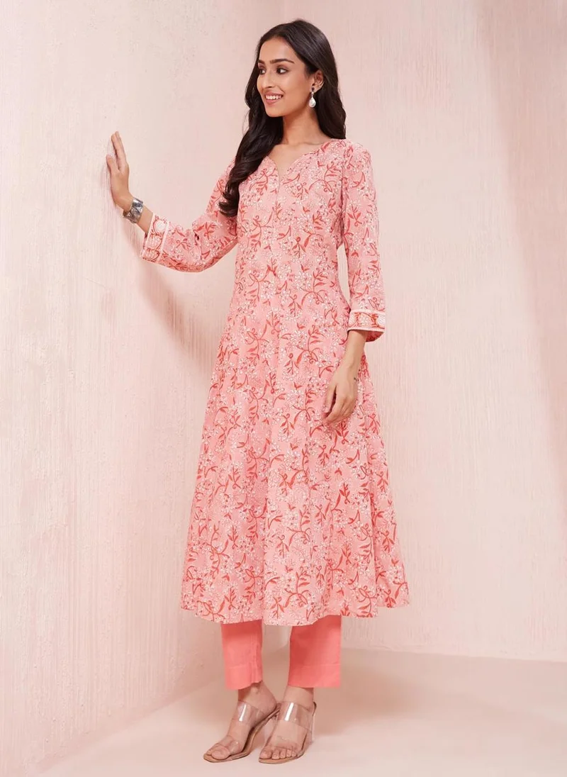 فاب انديا Orange Cotton Hand Block Printed Long Kurta