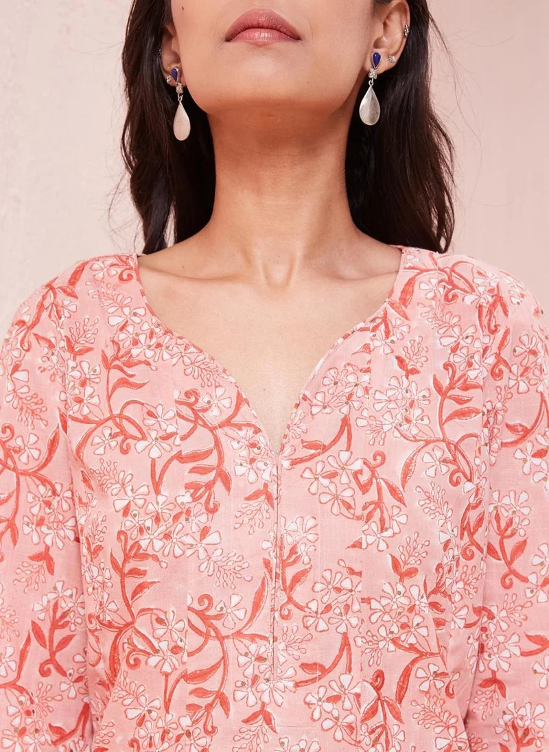 فاب انديا Orange Cotton Hand Block Printed Long Kurta