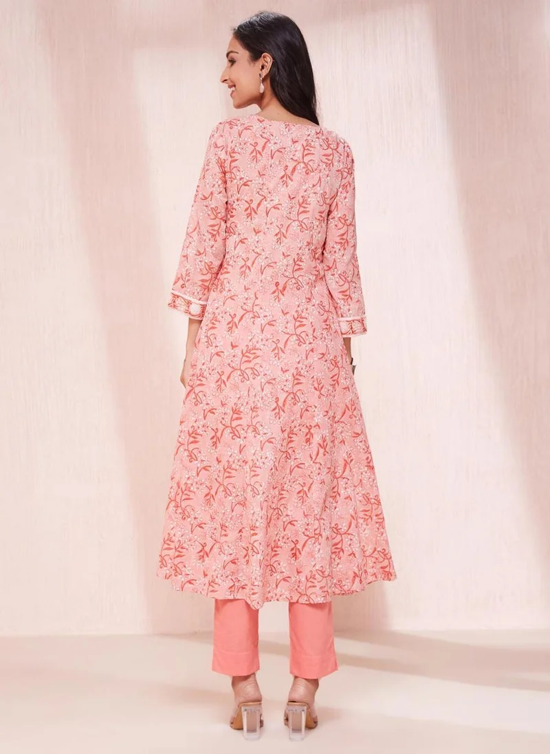 فاب انديا Orange Cotton Hand Block Printed Long Kurta