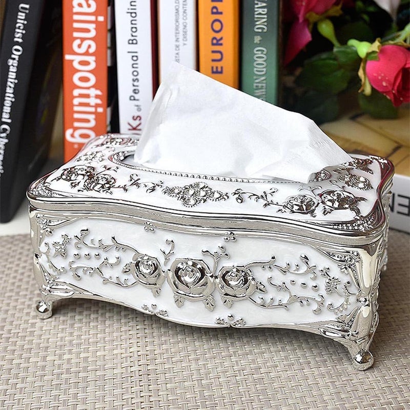 Stavae Luxurious Rose Tissue Box Acrylic Holder Cover Luxurious Elegant Design Tissue Holders Paper Holder Napkin Holder for Home Toilet Bath Silver White - Image 2