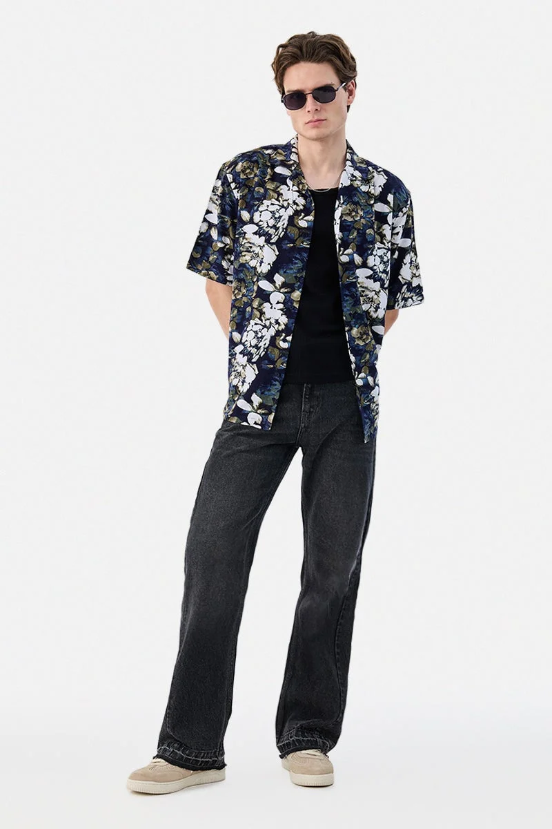 سنيتش Navy Floral Half Sleeve Boxy Shirt