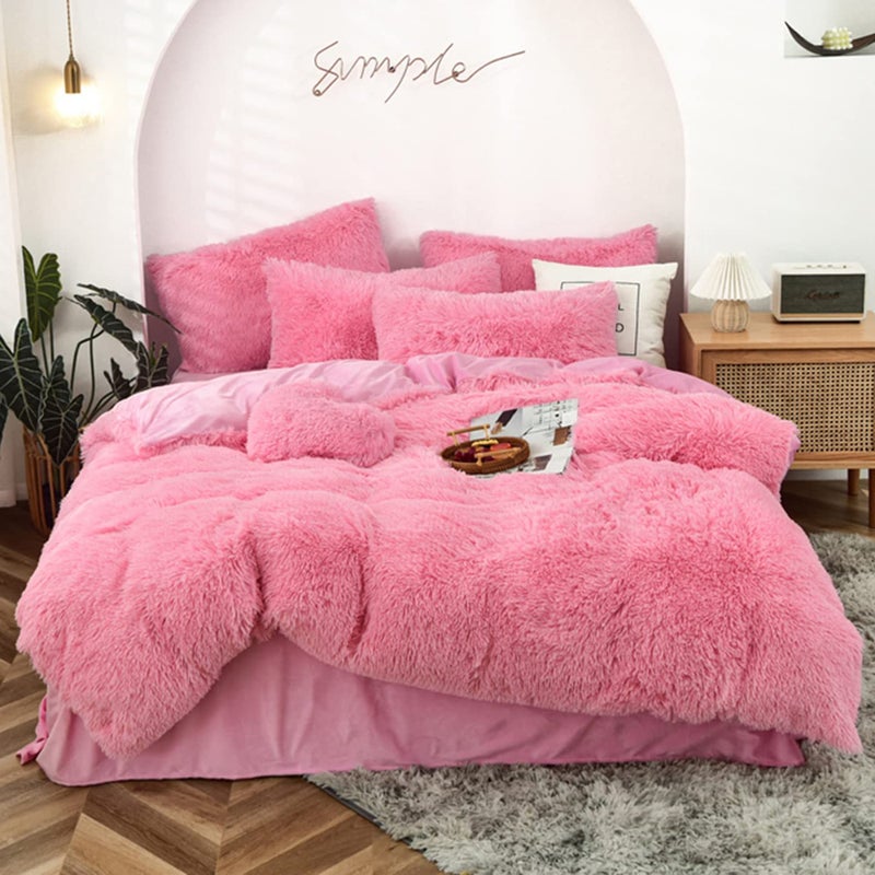 MorroMorn 5 PCS Shaggy Duvet Cover Bedding Set  Long Faux Fur Luxury Ultra Soft Pink FullQueen