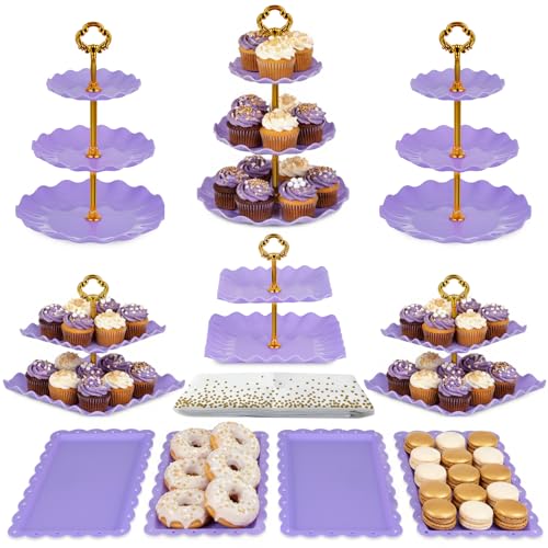 NWK Pack of 11 NWK Cake Stand Set with 3 x TwoTier and 3 x ThreeTier Cupcake Stands 4 x Appetizer Trays 1 x Tablecloth for Birthday Bridal Baby Shower Party Purple - Image 1