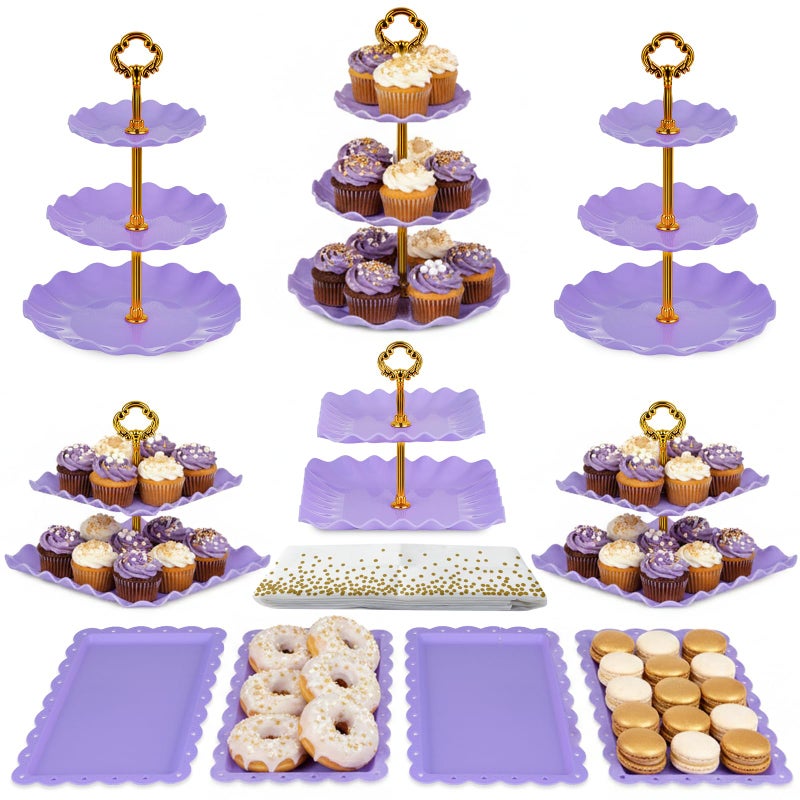 NWK Pack of 11 NWK Cake Stand Set with 3 x TwoTier and 3 x ThreeTier Cupcake Stands 4 x Appetizer Trays 1 x Tablecloth for Birthday Bridal Baby Shower Party Purple - Image 2