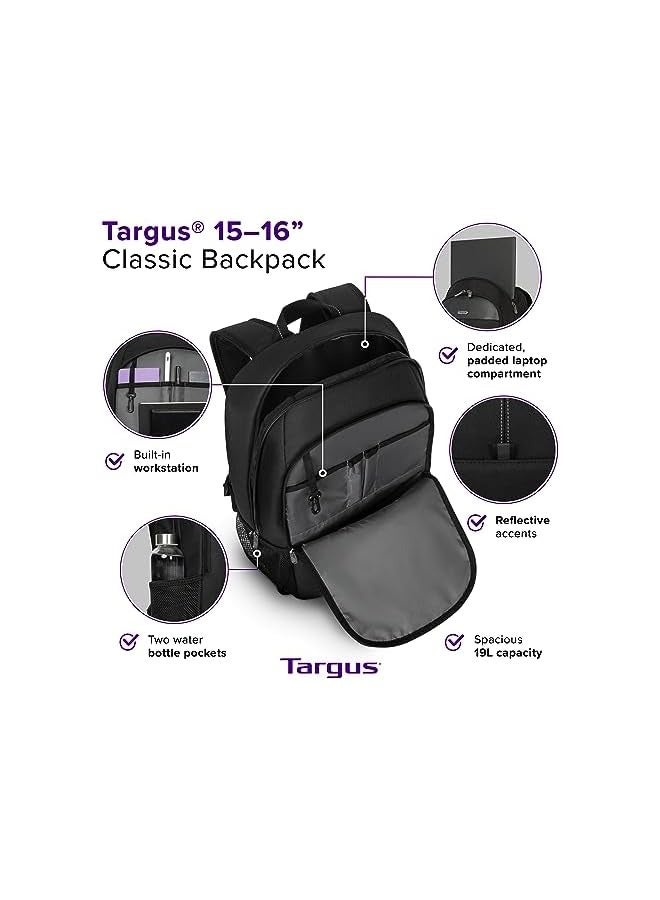 targus 15-16 Inch Classic Laptop Backpack - Fits Most Laptops up to 16", Padded Travel Backpack for Business Commuters, College, and Travel (TBB943GL) - Image 2