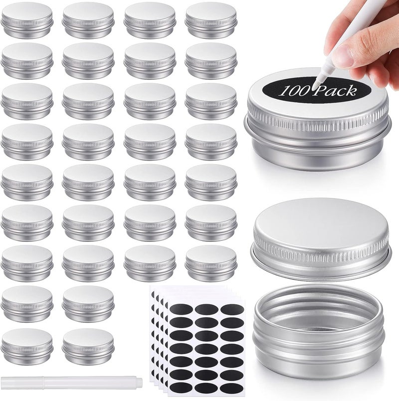 Patelai Patelai 100 Pcs Metal Tins 0.5 oz Screw Top Round Tin Cans Aluminum Tin Jar Lip Balm Tin Containers Bottle Empty Travel Cosmetic Tin Cans Container with 5 Sheets Label Stickers 1 Marker (Silver)