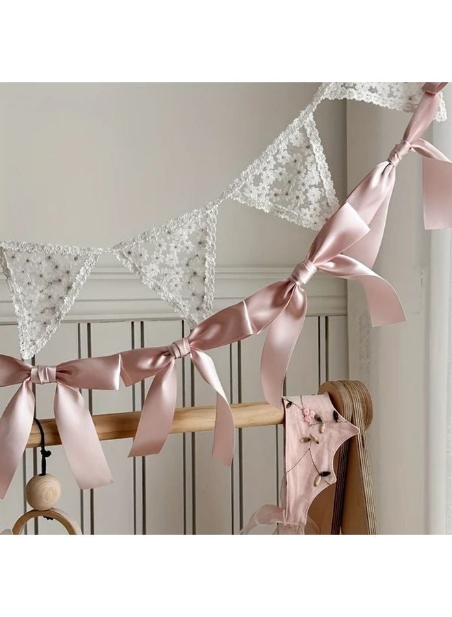 White Camellia Handcrafted Polyester Bow Ribbon Banner Garland For Wedding Birthday Party Decoration - Image 2