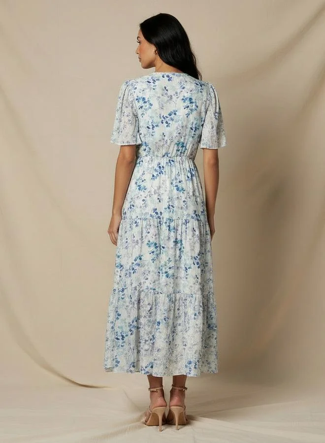 Splash FAV  Tiered Midi Viscose Wrap Dress with Floral Print for Women | Best Price UAE