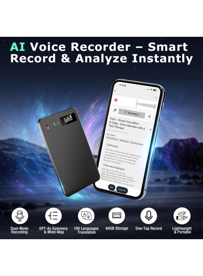 AI Voice Recorder, Activated with Playback, Controlled by App, Transcribe and Summarize Using AI Technology, Supports 190 Languages, 64GB Memory, Ideal for Lectures, Meetings, Calls. - Image 2