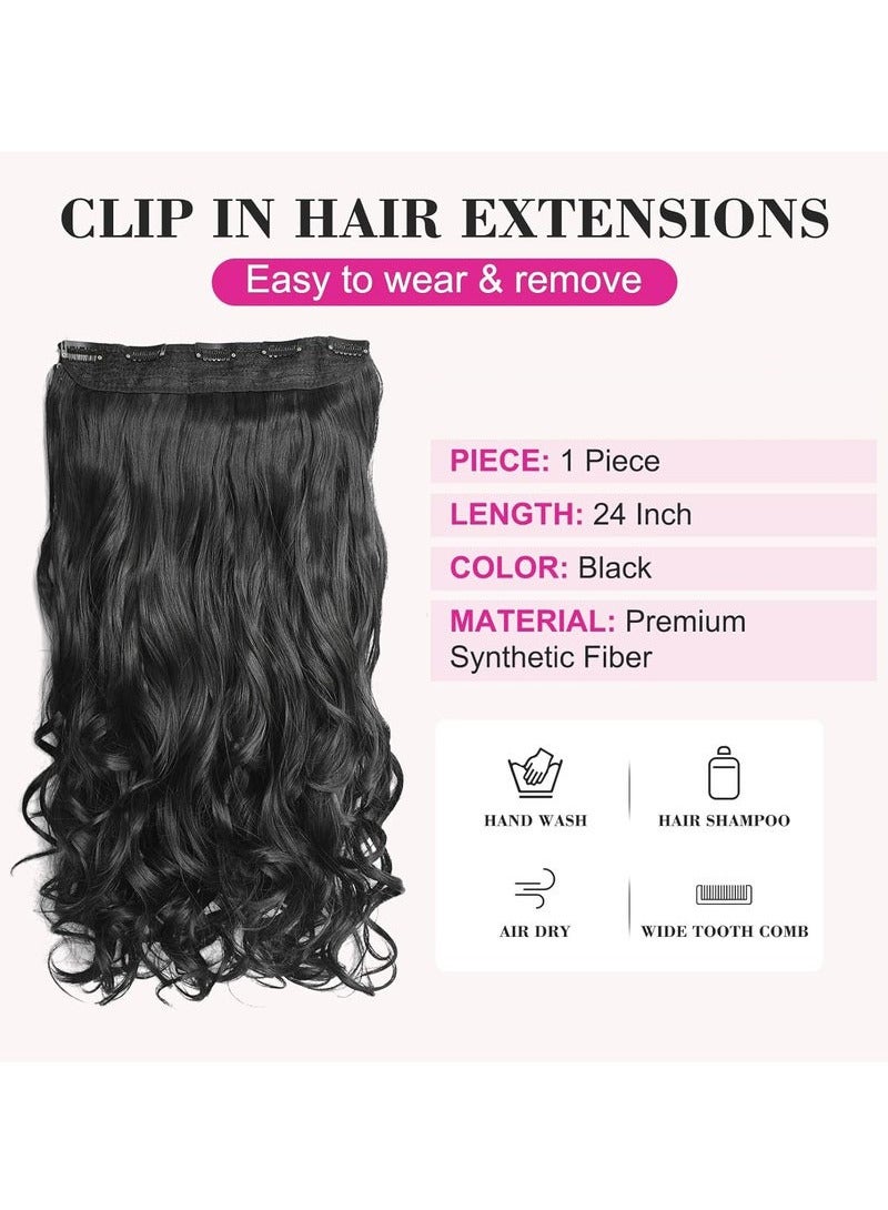 Clip in Black Hair Extensions for Women, Thick Double Weft Wavy Soft Hair & Blends Well Long Hairpieces(24inch, Natural Black) - Image 2