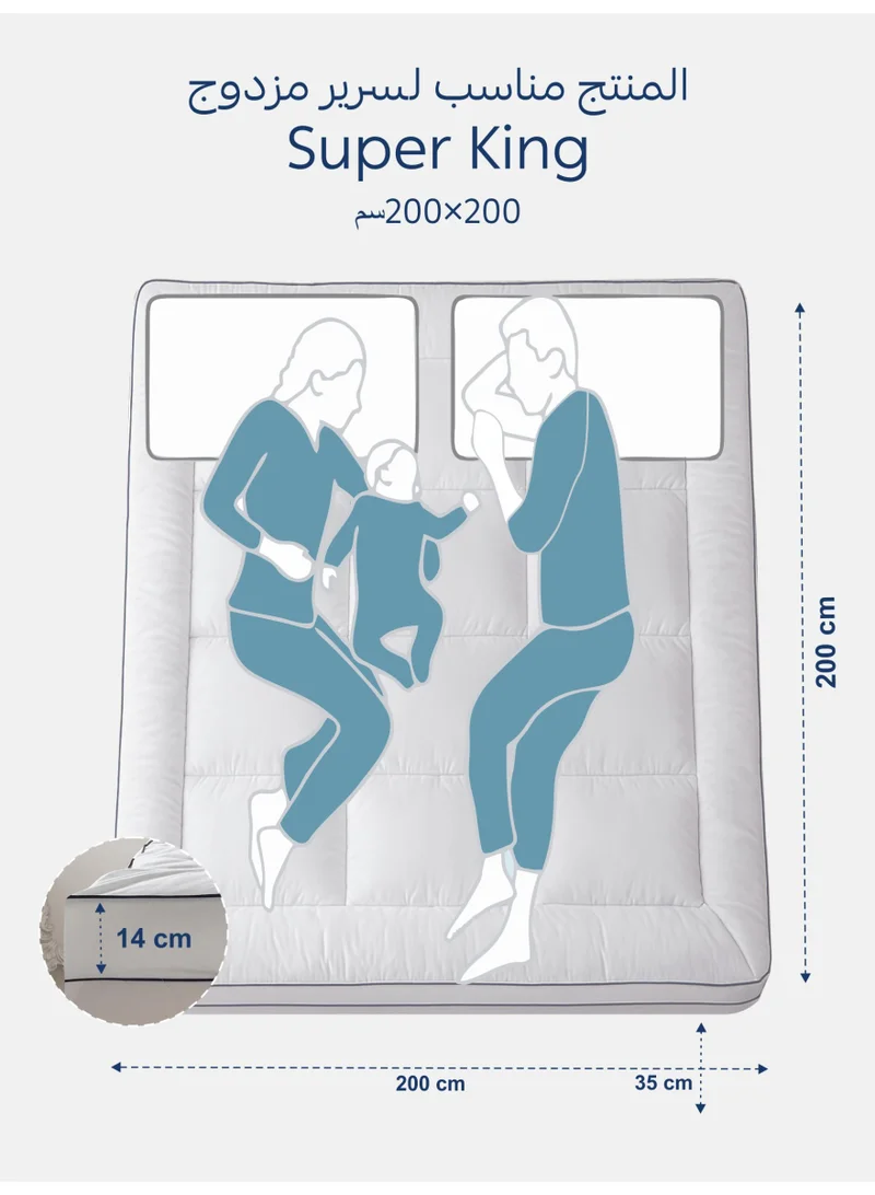 Donetella Hotel Mattress Topper: 200x200+14 cms Cotton Top 1550 Gsm Fitted Style, Super King Size, Supersoft Fabric,White