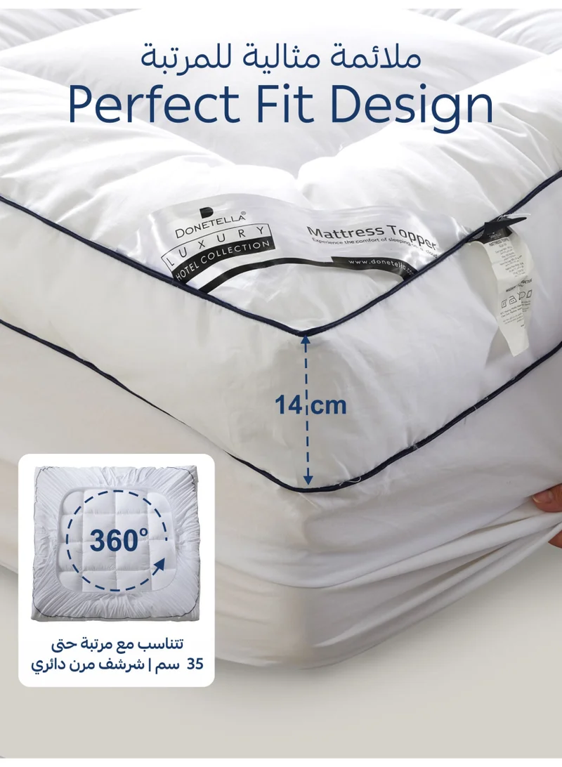 Donetella Hotel Mattress Topper: 200x200+14 cms Cotton Top 1550 Gsm Fitted Style, Super King Size, Supersoft Fabric,White