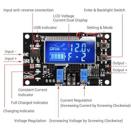 DROK Adjustable Voltage Regulator, DC Buck Boost Converter 6-30V to 0.5-30V 4A 60W 5V 24V Voltage Converter, 12V Power Supply Step Up Step Down Transformer with USB Port Case LCD Display Volt Amp - Image 2