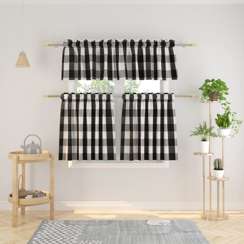 Natus Weaver 3 PC Cotton Classic Country Farmhouse Kitchen Window Stain -Black & White Buffalo Check Tier & Valance Set 54 "X 18" " / 27" "X 36" " - Image 1