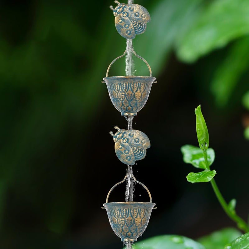 Qipade Store 9.2 FT Rain Chain, Metal Rain Gutter Chains with 12 Cups & Detachable Ladybugs Decor, Adjustable Rain Catcher Chain with Bell for Outddor Decor, Replacement for Downspout - Image 4