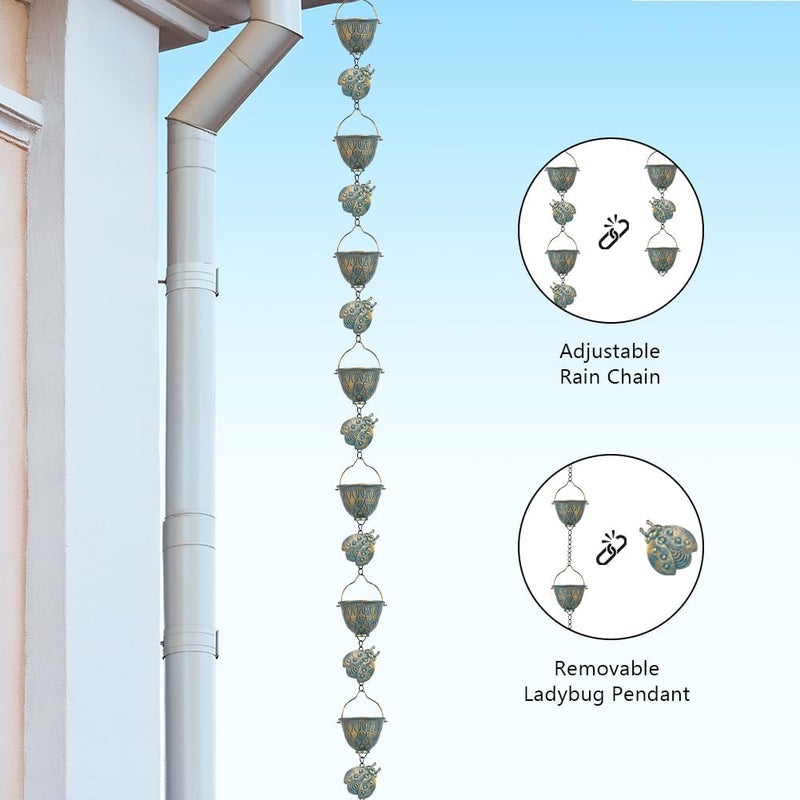 Qipade Store 9.2 FT Rain Chain, Metal Rain Gutter Chains with 12 Cups & Detachable Ladybugs Decor, Adjustable Rain Catcher Chain with Bell for Outddor Decor, Replacement for Downspout - Image 3
