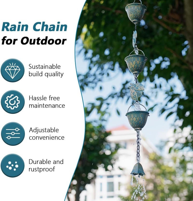 Qipade Store 9.2 FT Rain Chain, Metal Rain Gutter Chains with 12 Cups & Detachable Ladybugs Decor, Adjustable Rain Catcher Chain with Bell for Outddor Decor, Replacement for Downspout - Image 2